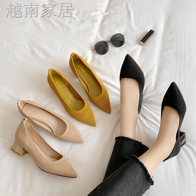 Giày búp bê dệt kim mũi nhọn đế dày mềm phối lưới thoáng khí phong cách Pháp thời trang hè cho nữ 2021