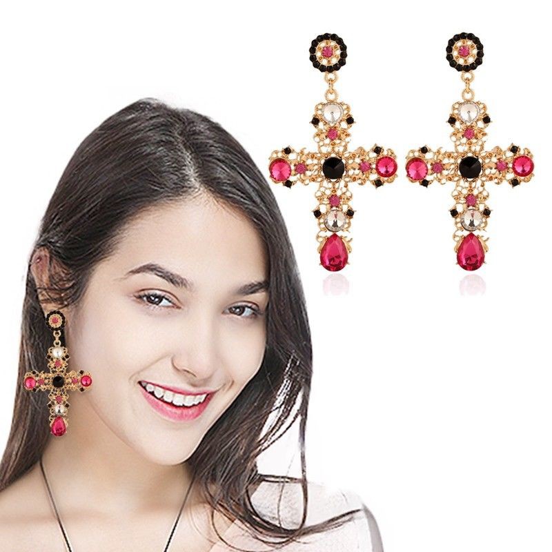 Hoa tai dáng dài mặt chữ thập đính đá phong cách cổ điển