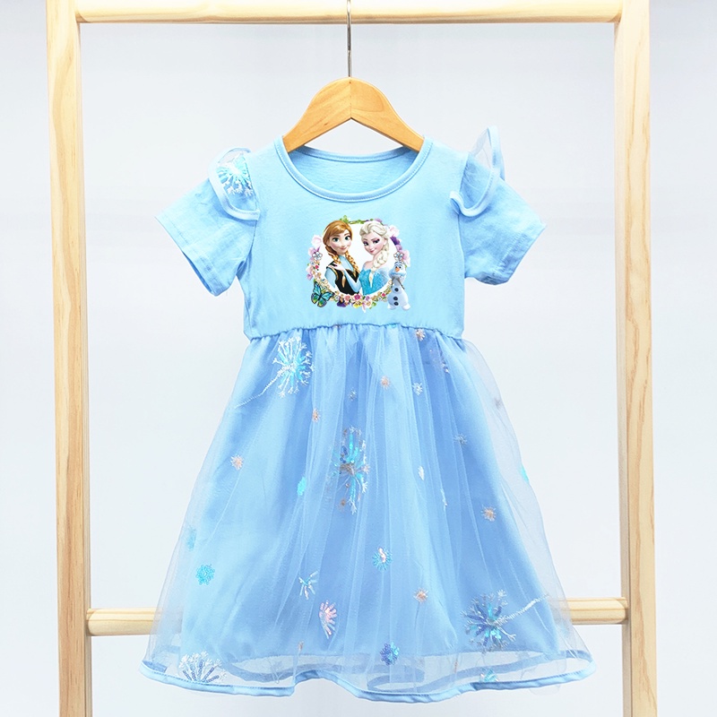 Đầm Công Chúa Elsa Anna Frozen 2 Bằng Cotton Tay Ngắn Phối Lưới Kiểu Hoạt Hình Cho Bé Gái