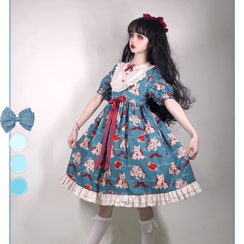Váy đầm Lolita xanh meo cat ( sẵn )