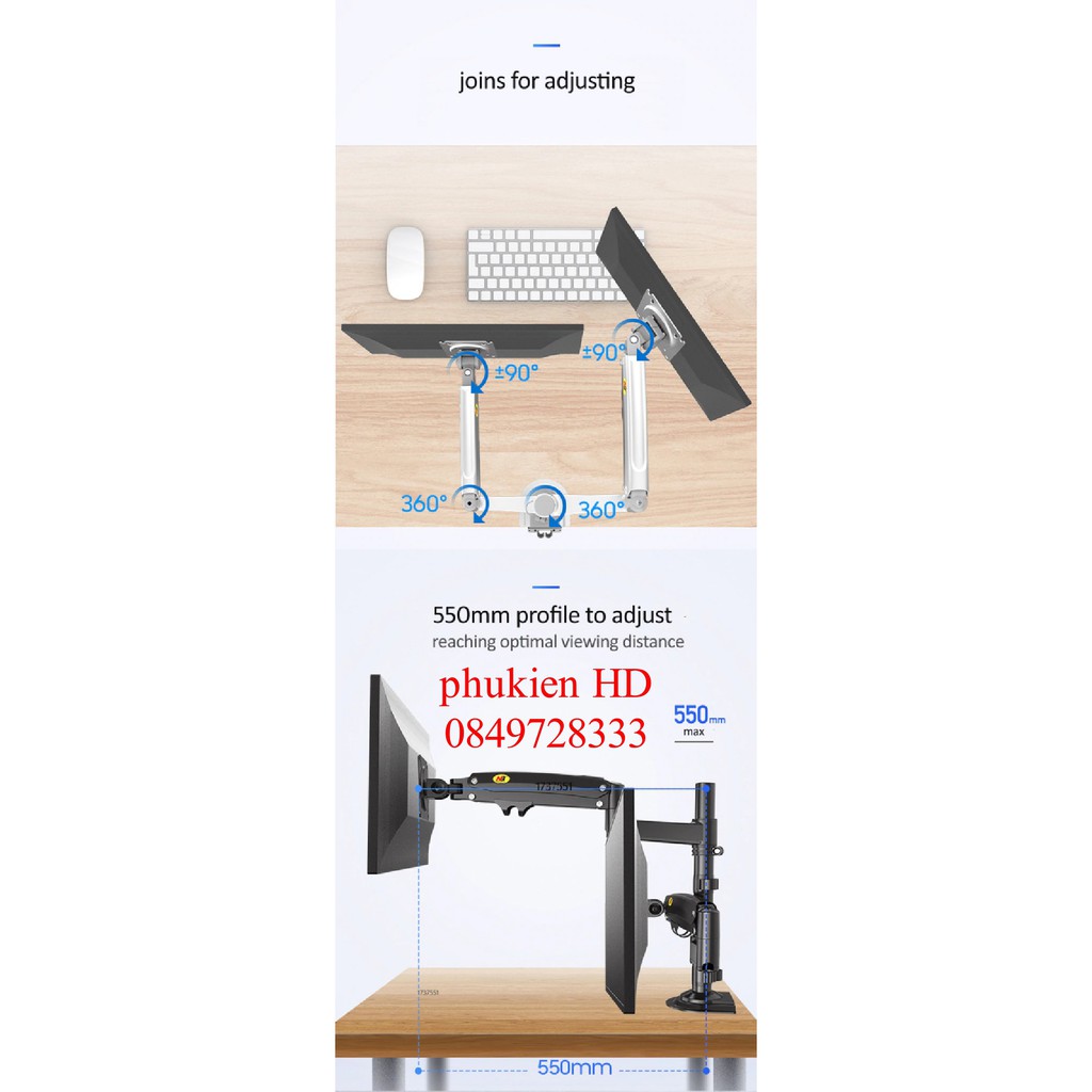 Xếp Màn Trên Dưới Giá Treo 2 Màn Hình NB H180 22-32 Inch Gắn Bàn Xoay 360 Độ