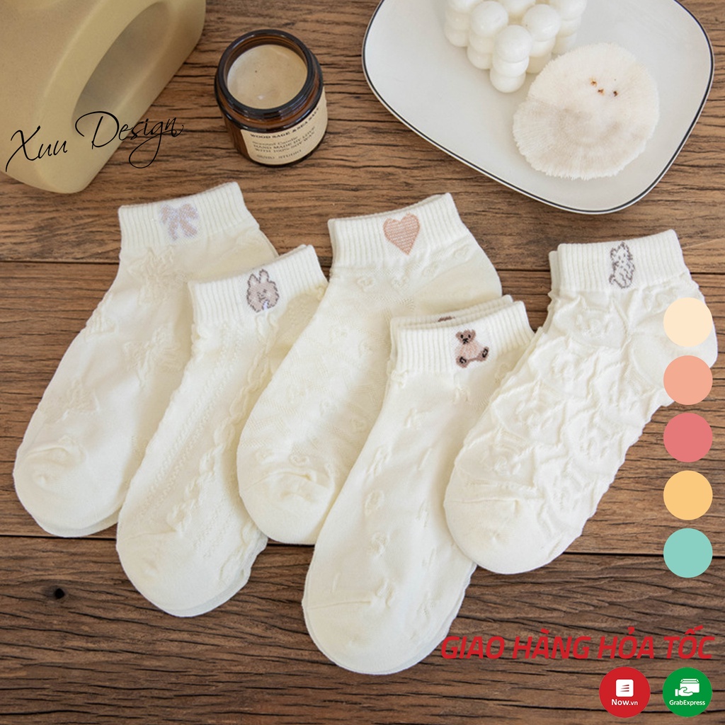 Tất nữ cổ ngắn Xuu Design vải cotton co dãn phối họa tiết dập nổi cao cấp - T13