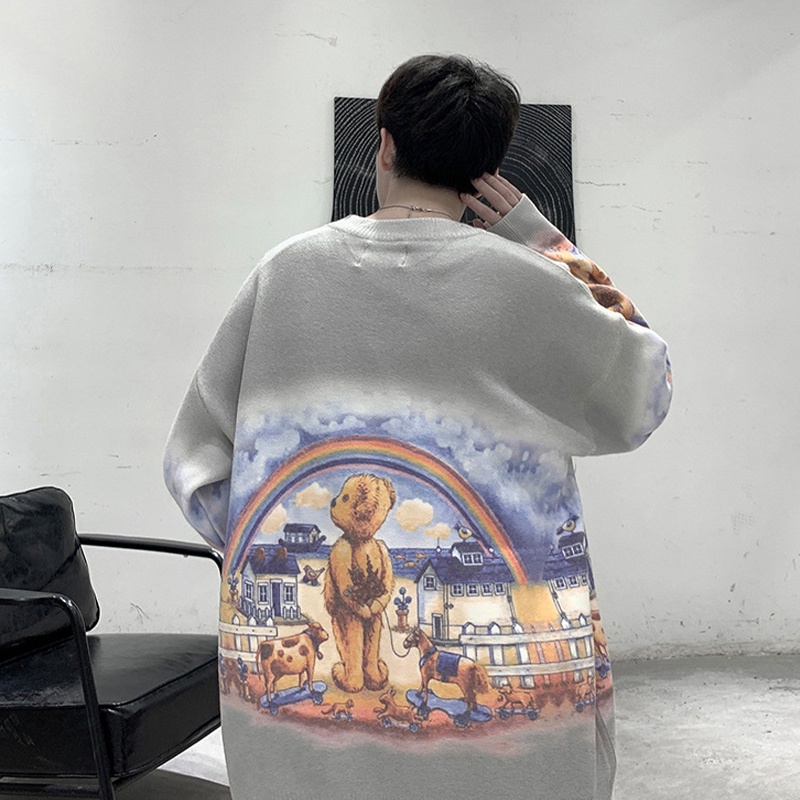 Áo sweater AOKANG dệt kim dày dáng rộng in hình gấu cầu vồng kiểu Hàn Quốc thời trang thu đông cho nam