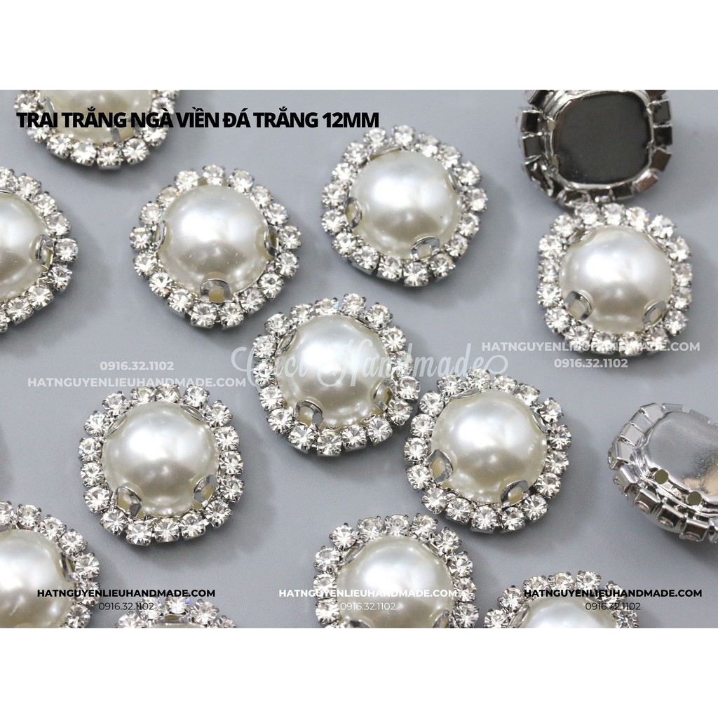 Trai trắng ngà viền đá trắng 12mm Cici Handmade hạt cườm nguyên liệu tự làm kẹp tóc đính kết váy áo