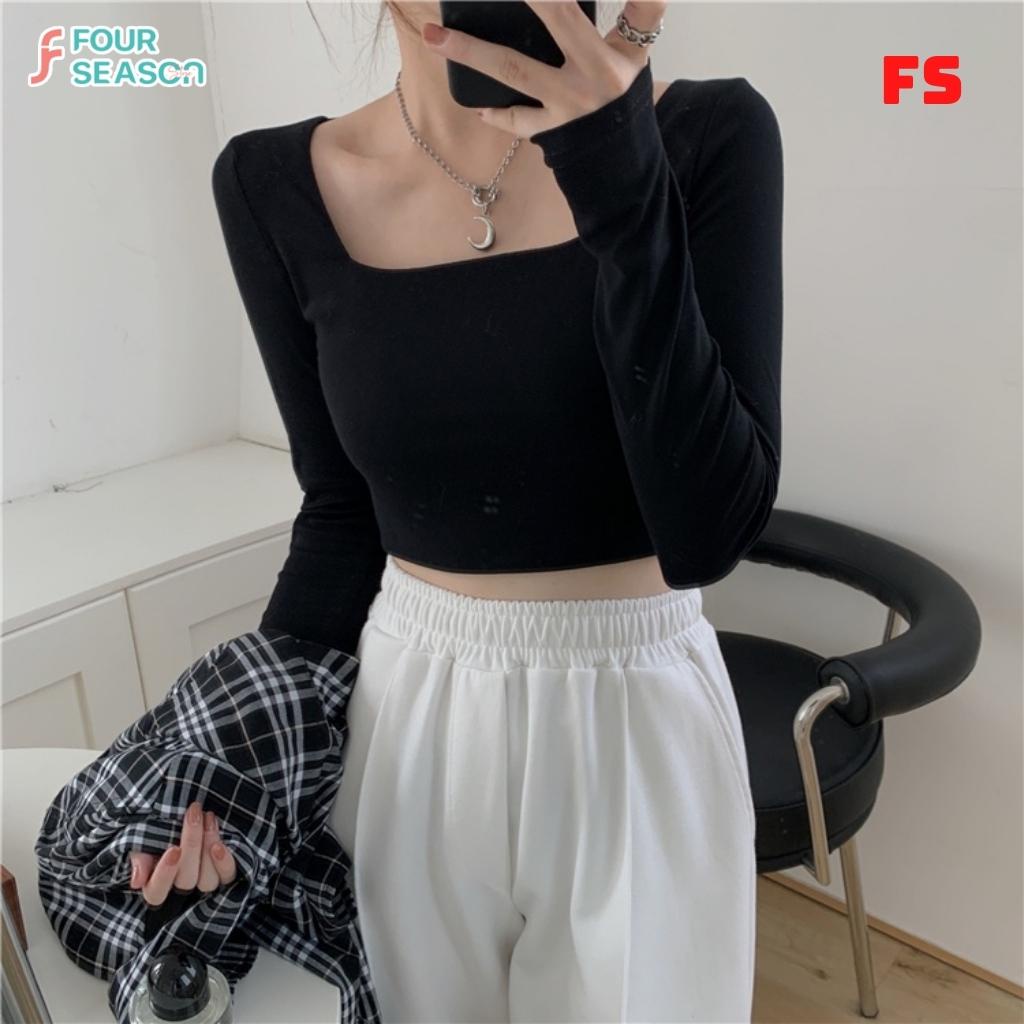 Áo croptop tay dài cổ vuông dáng ôm co giãn ACT08 4S áo thun nữ chất vải tốt mềm mịn