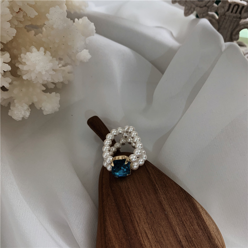 Nhẫn phối hạt ngọc trai đính đá rhinestone nhiều màu hai lớp cho nữ