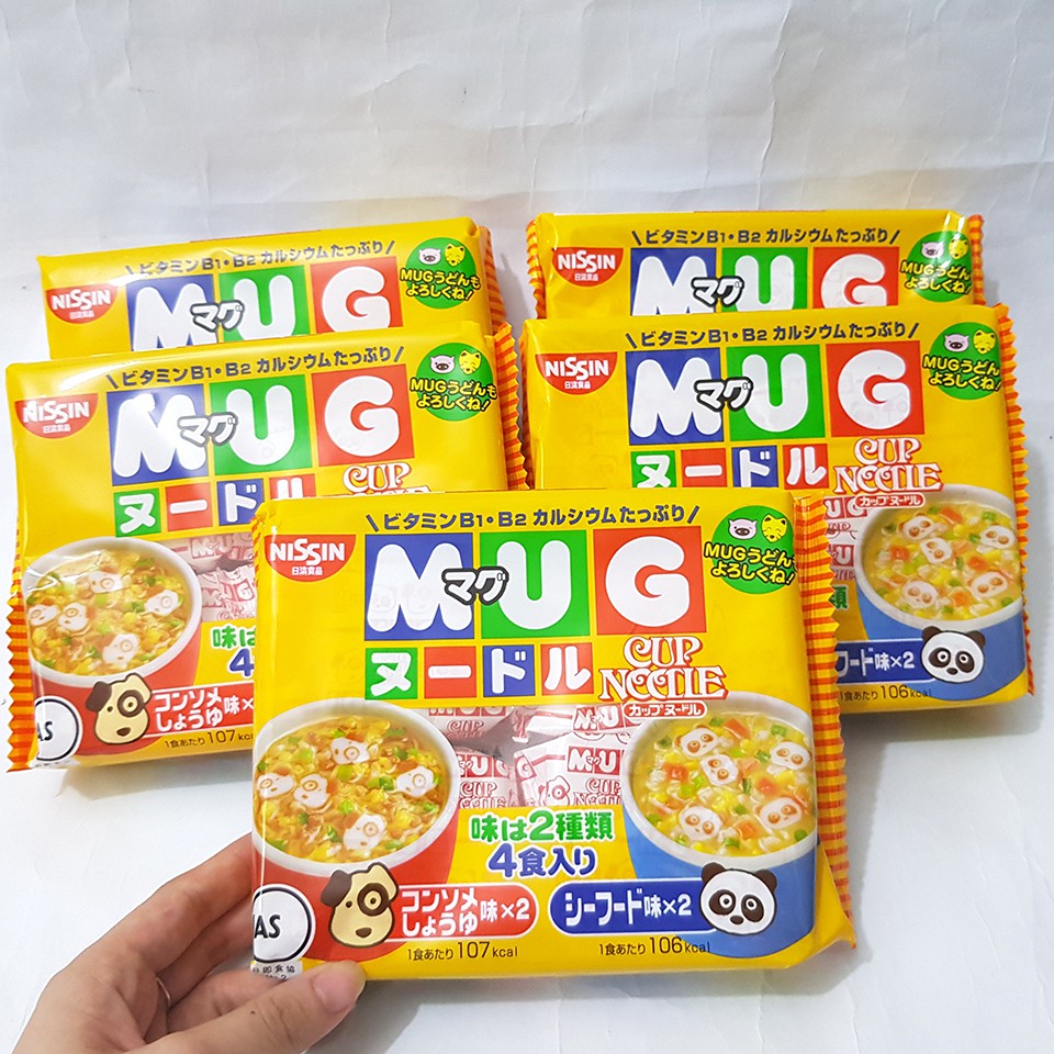 Mì Mug Màu Vàng Nhật Bản Cho Bé Từ 1 Tuổi - Gồm 4 Gói Nhỏ Bên Trong (Date 7/2021) - Mỳ Mug Nissin Ăn Liền Trẻ Em