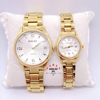 Cặp Đồng hồ đôi Halei máy Nhật chính hãng mạ vàng mặt trắng 38mm 27mm thép không gỉ chống xước chống nước tuyệt đối 489