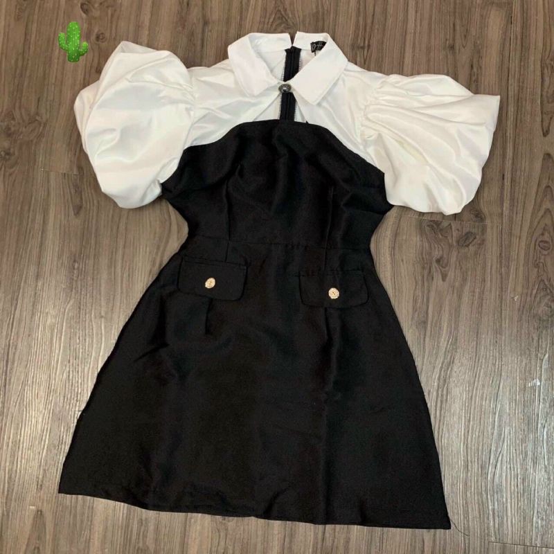 Đầm tiểu thư tay phồng ĐEN TRẮNG