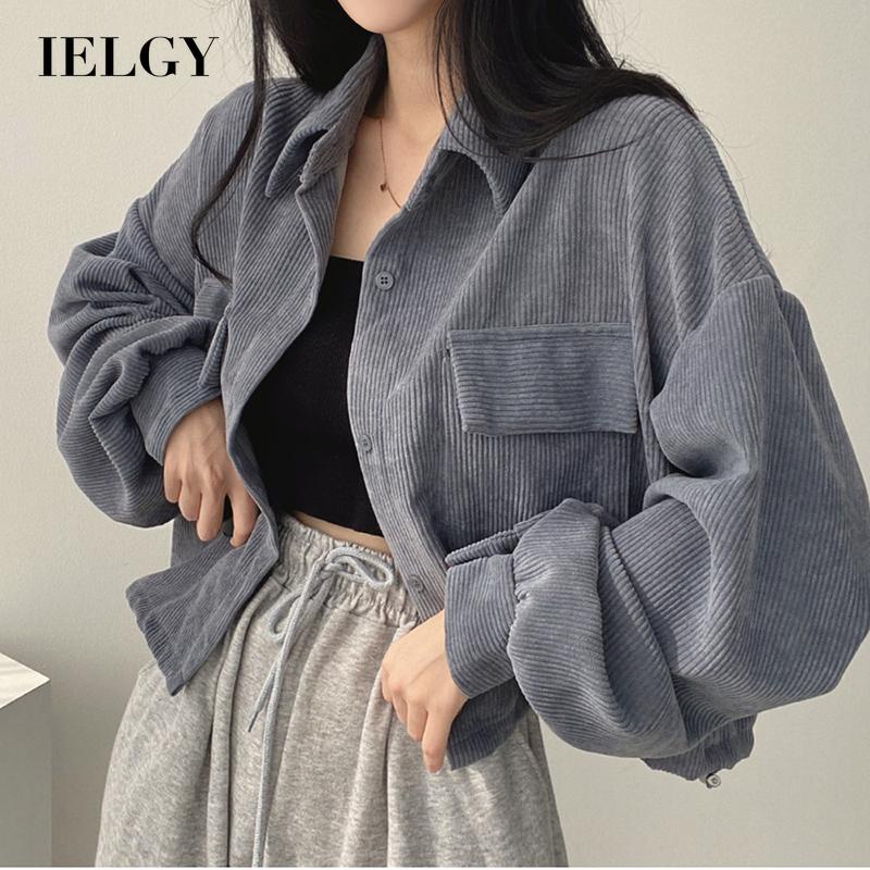 IELGY  Áo Khoác Nhung Kẻ Dáng Rộng Tay Dài Phong Cách retro Dành Cho Nữ