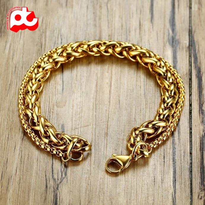 Lắc tay nam titan cao cấp rẻ đẹp kiểu sợi dừa thời trang cách điệu 2 sợi cá tính PT JEWELRY màu mạ vàng PTLTNA08