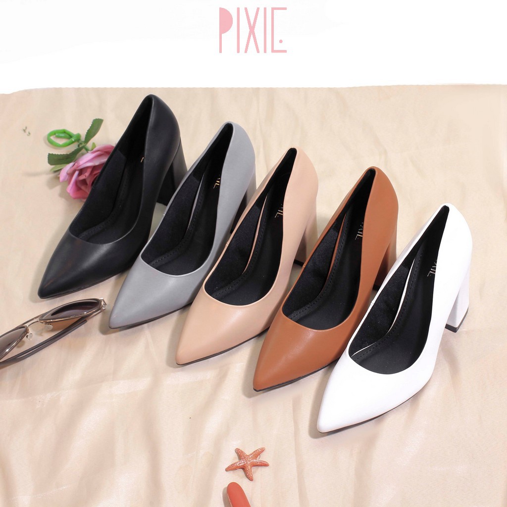 Giày Cao Gót 8cm Đế Vuông Mũi Nhọn Basic Màu Đen Pixie P159