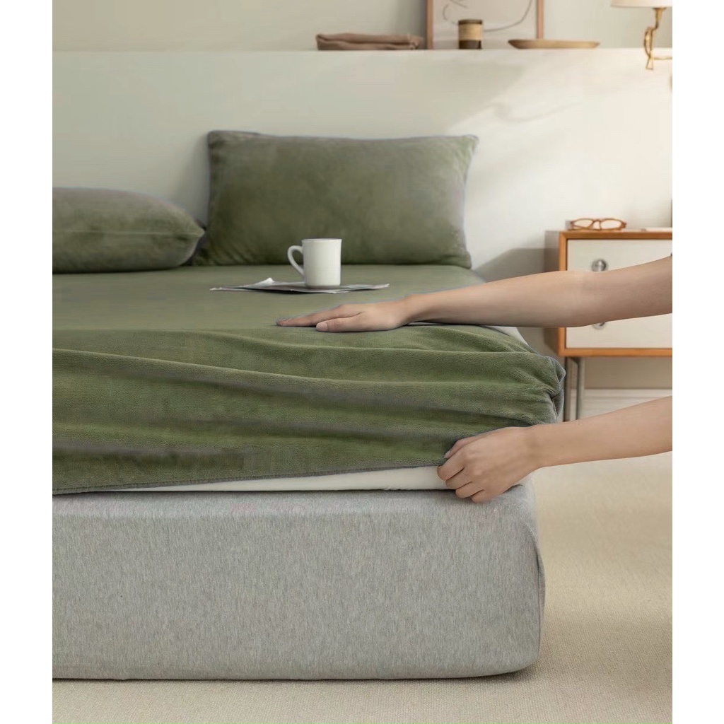 Bộ ga gối nỉ nhung đơn sắc gồm 1 ga và 2 vỏ gối đầu