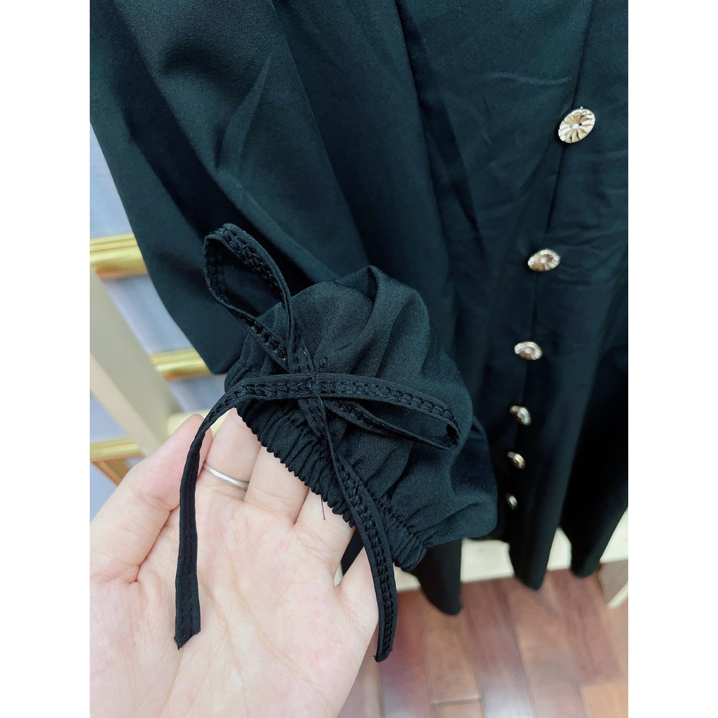 Đầm Nữ Đen Tay Phối Nơ Chất Đũi 🦋 Váy Nữ Dáng Lỡ Hàng Cúc Trước 🦋 | BigBuy360 - bigbuy360.vn