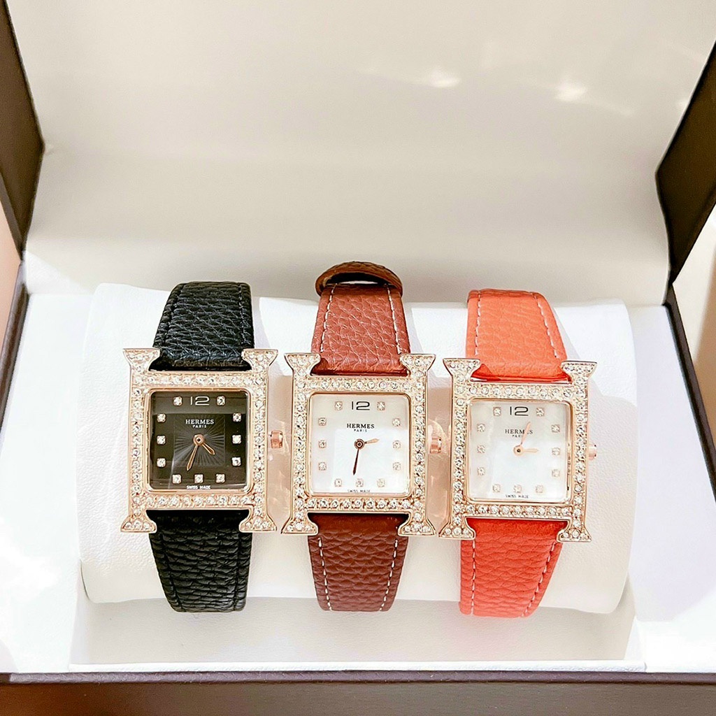 Đồng hồ nữ Hermes mặt chữ H đính đá dây da mềm cao cấp sang trọng, chống nước, bảo hành 12 tháng
