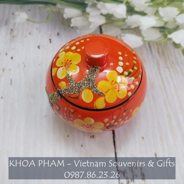 Hũ Kẹo Sơn Mài Hình Hoa Đào Tết Đường Kính 8 cm