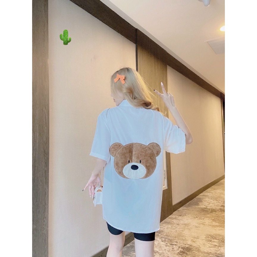 Áo sơ tay lỡ form rộng thêu hình gấu sau lưng cực xinh , chất kate mềm mịn