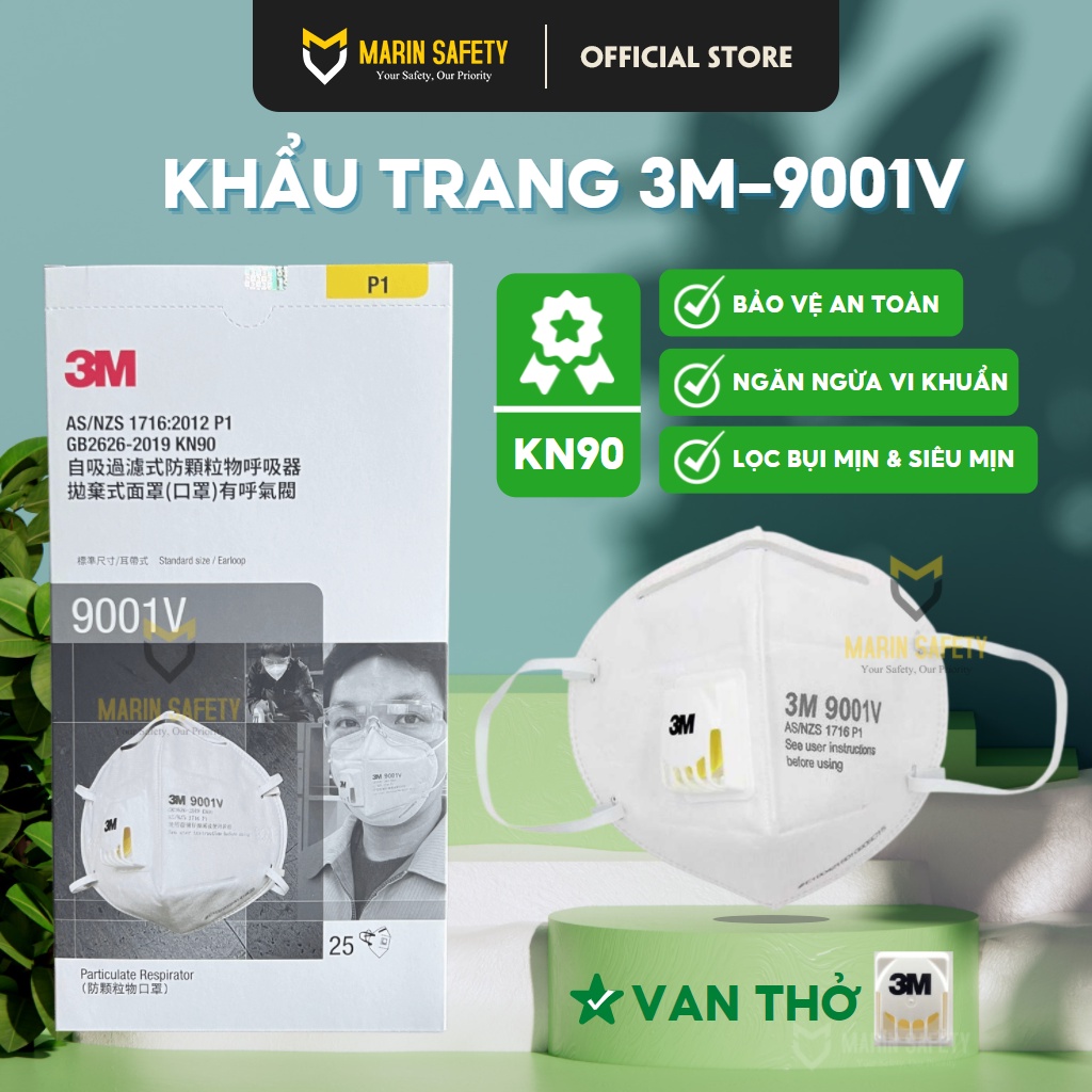 Khẩu trang 3M chính hãng (mã 9001V), có van thở, vải kháng khuẩn, chống bụi mịn PM0.3 và PM2.5, phòng dịch - 3M 9001V