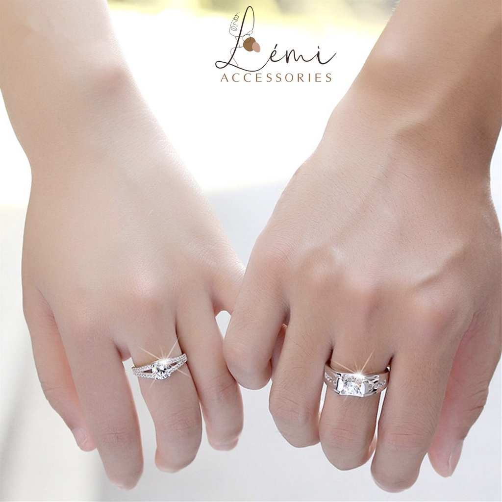 Nhẫn đôi mạ bạc 925 đính đá sang trọng có thể tự điều chỉnh size so với ngón tay Lémi accessories