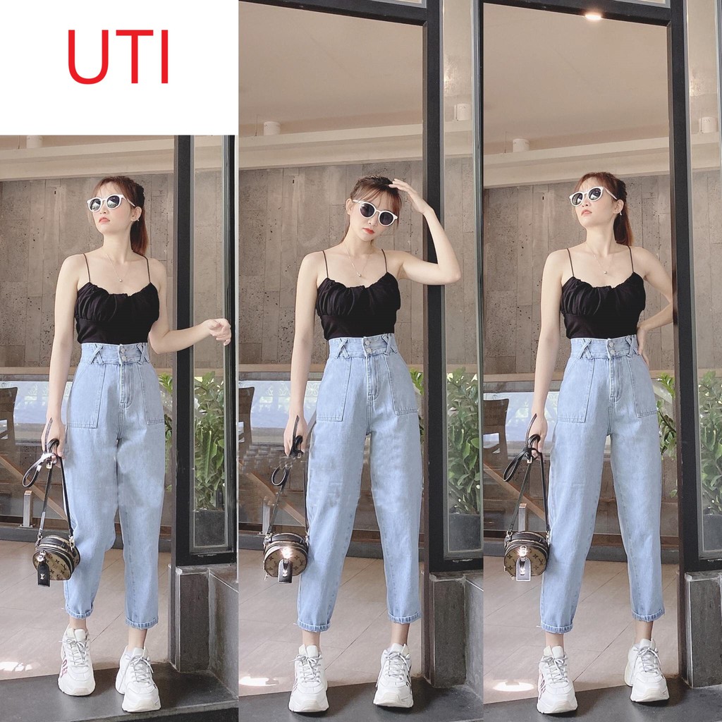 [ NY65 ] QUẦN BAGGY JEAN NỮ LƯNG CAO ĐĨA CHÉO 2 NÚT 2 TÚI TRƯỚC MÀU XANH NHẠT CAO CẤP UTI ĐỦ SIZE