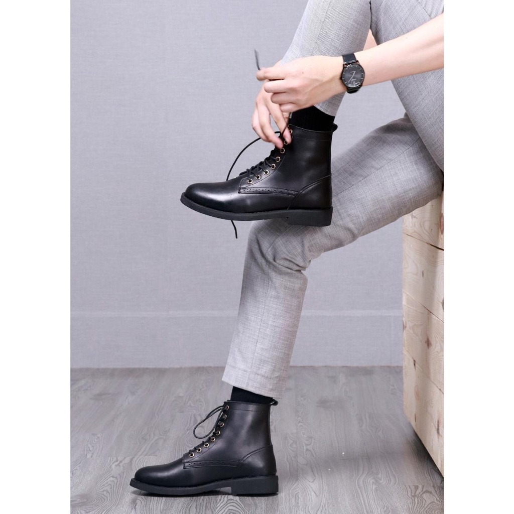 Giày Combat Boots Captain 01 ,giày nam da bò đen trơn đế cao su đúc, cao 3.5cm, Lucas Shoes bảo hành 1 năm