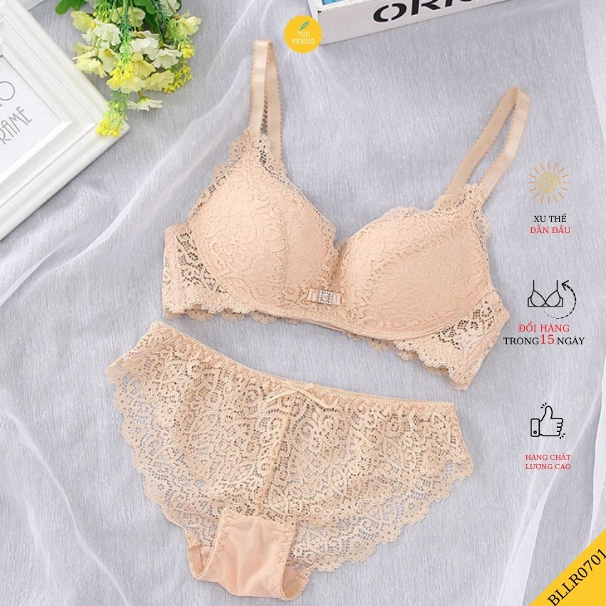 Bộ Đồ Lót Ren Không Gọng Đệm Mỏng Vừa 2,5cm Đính Đá Ngực Sexy Tep Venus BLR0701