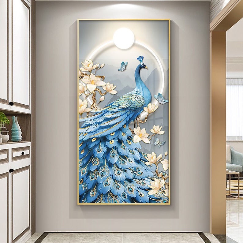 Tranh Treo Tường Chim Công Vàng sang trọng có khung tặng đinh gắn tường/ Treo phòng khách/ trro lối vào khách sạn