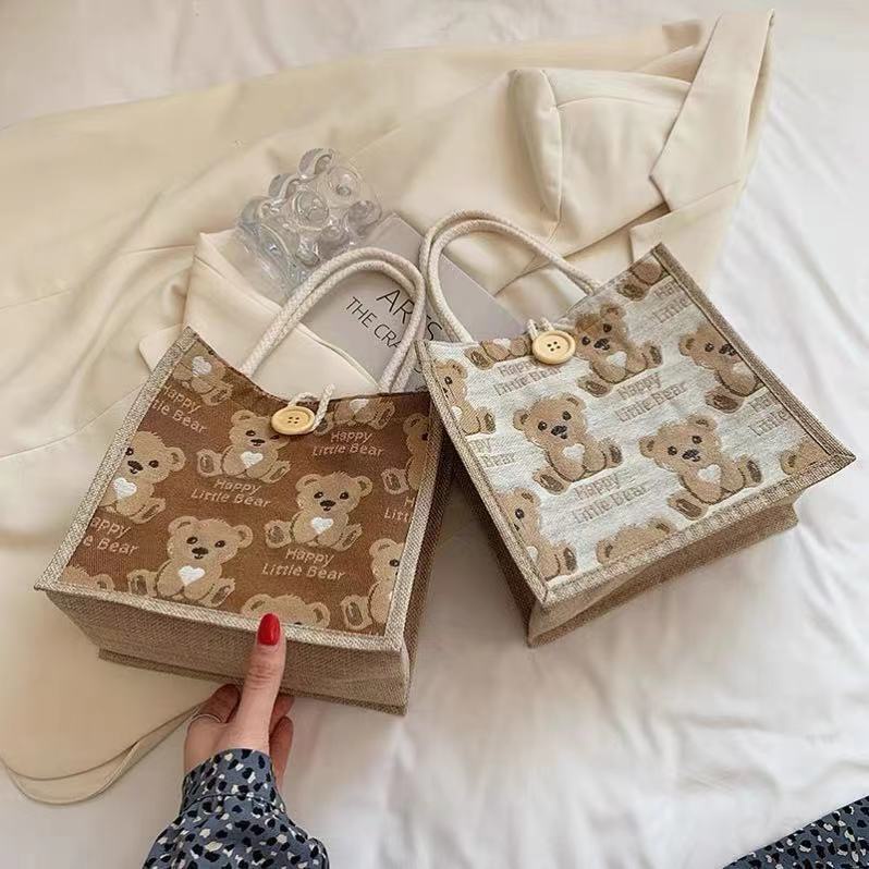 Túi Đựng Hộp Cơm Trưa Xách Tay Vải Lanh Cotton Cỡ Nhỏ Họa Tiết Gấu Hoạt Hình Dễ Thương Thân Thiện Với Môi Trường