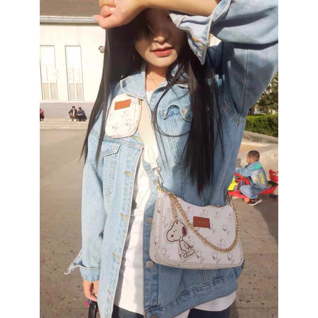 Túi kẹp nách nữ kèm ví nhỏ, Túi đeo chéo Snoopy họa tiết cún dễ thương da mềm cực xinh SPB 401