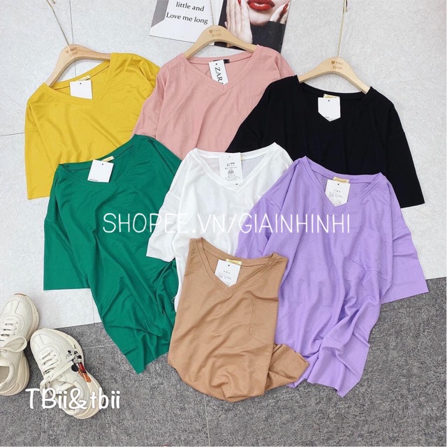 Áo thun giấy cổ tim túi ngực form rộng, Áo phông ngắn tay dáng dấu quần AS0976 - NhiNhi Shop