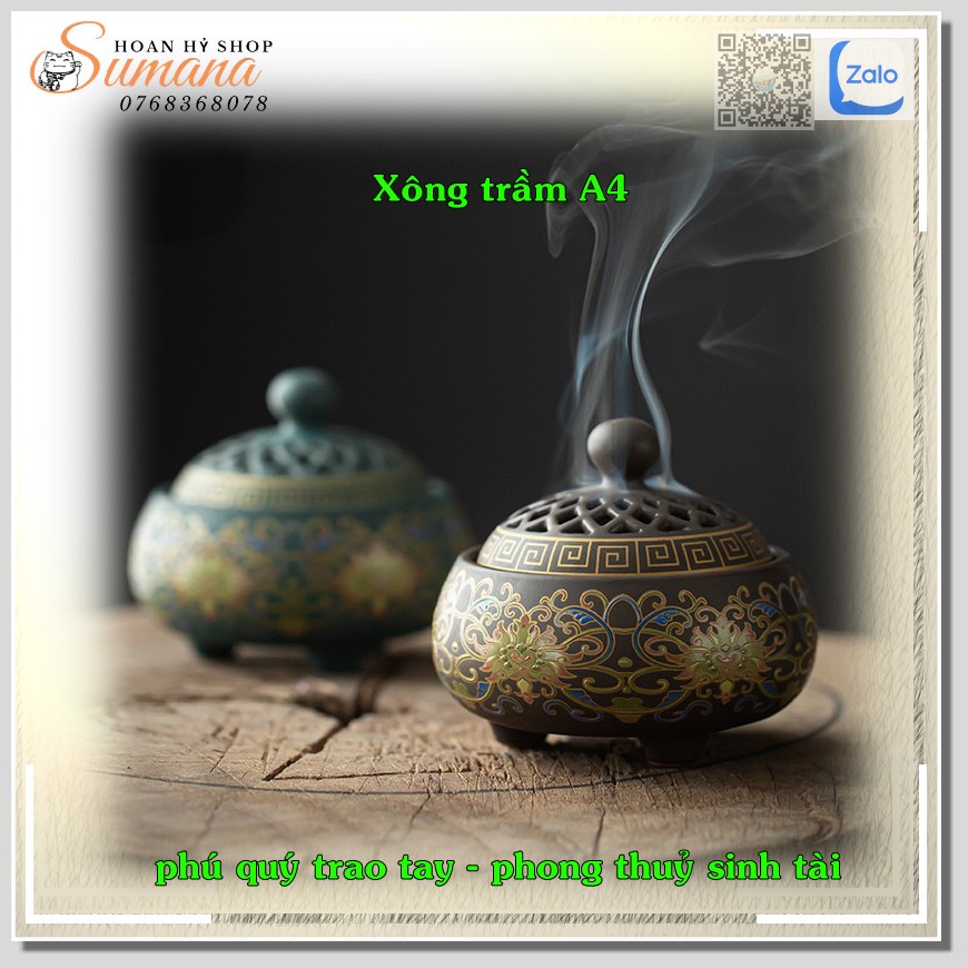Lư Gốm Xông Trầm - Lư Hương Gốm Thủ Công Cao Cấp A4, A7- tặng kèm 3 nụ trầm Đài Loan cao cấp + tấm lót chống cháy - Hoan