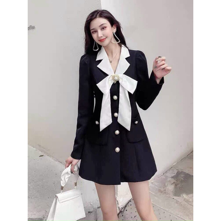 Đầm cổ vest dự tiệc hoạc đi chơi tay dài cỏ nơ ngực cài nút thật ,túi áo thật,chất liệu coton lạnh có 2 màu như hình