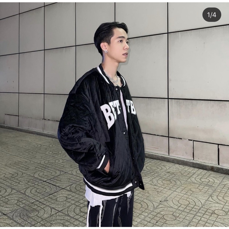 Áo khoác bomber bóng chày form rộng đệm cotton thêu chữ unisex Hàn quốc