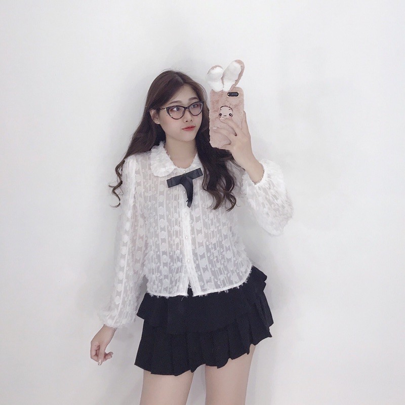 Áo kiểu nữ, áo sơ mi nữ lông cườm kèm nơ đen - 25 store