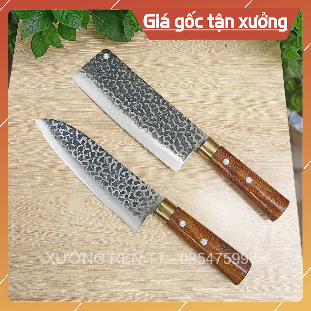 Bộ 2 Dao Thái Lọc Thép Nhíp Dập Vân 2 Mặt Cao Cấp - Cán Cẩm Chỉ Khâu Đồng