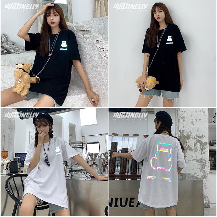 [FREESHIP](CÓ SẴN)Áo thun NELLY HEYBIG unisex tay lỡ,áo thun dáng rộng ánh sáng LED hình gấu mẫu mới 2021 mã T