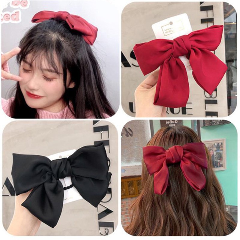 Kẹp Tóc Nơ Satin Màu Đỏ Đen