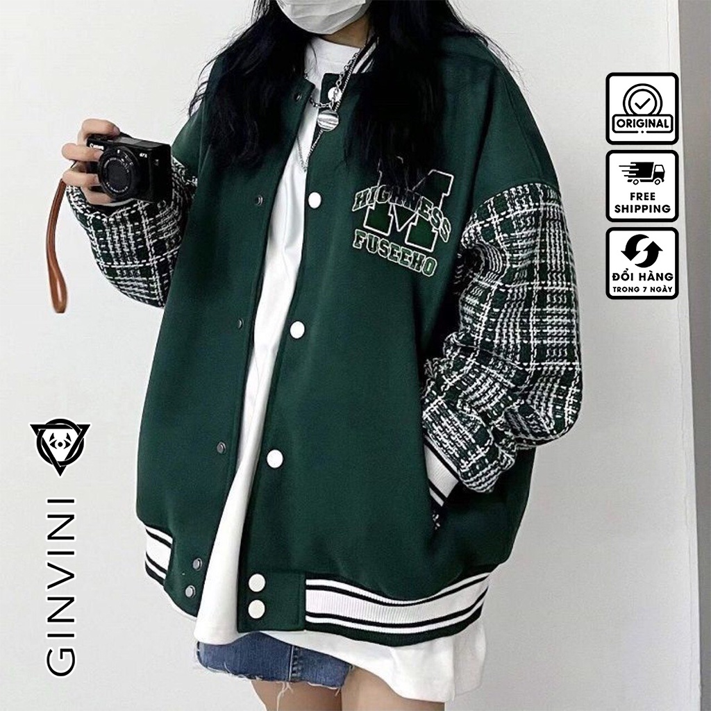 Áo khoác bomber nỉ GIN chữ M nam nữ tay kẻ caro form rộng unisex hàn quốc