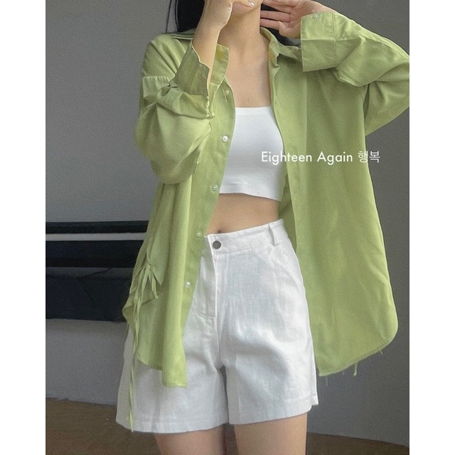 Set áo sơmi lụa xanh kèm quần sort MT