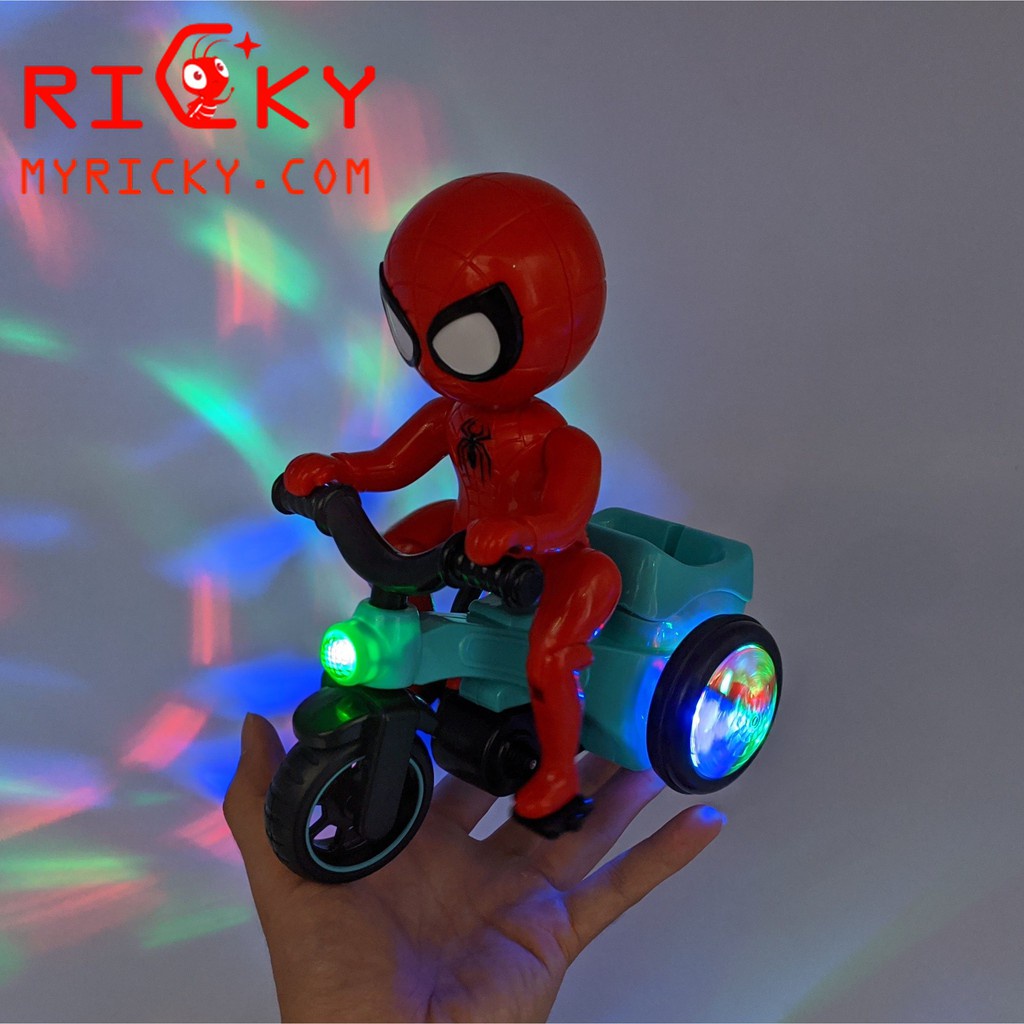 Đồ chơi phát nhạc người nhện đi xe đạp có đèn led và nhạc sôi động