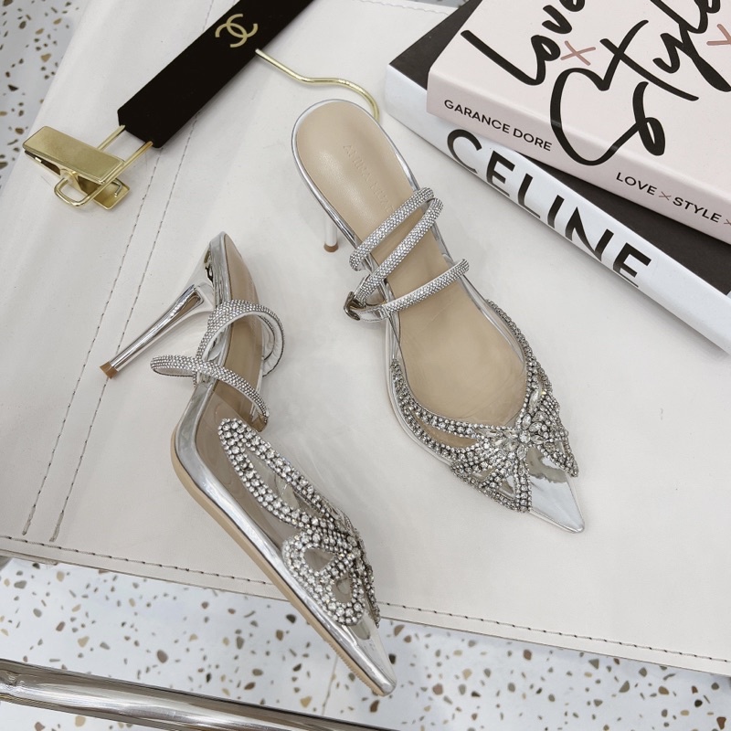 Sandal cao gót mica mũi nhọn viền nơ đá chéo gót nhọn fullbox hàng quảng châu cao cấp