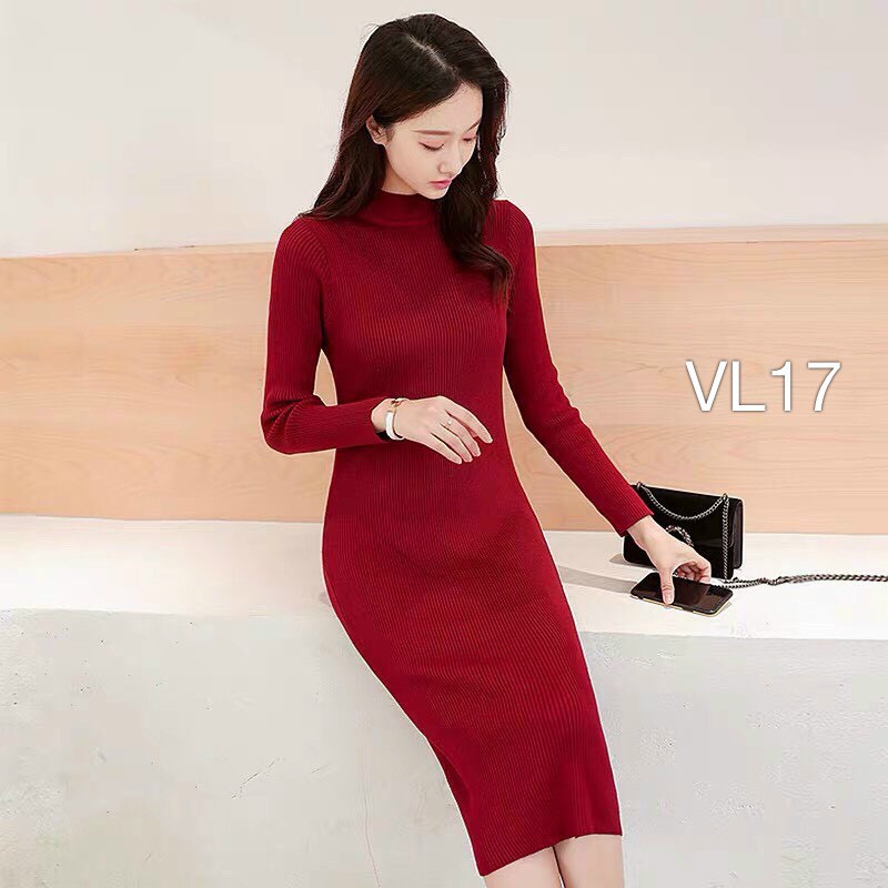 Váy đầm body len tăm cổ 3 phân dáng ôm co giãn Cúc Fashion VL17 váy len dài cổ 3cm