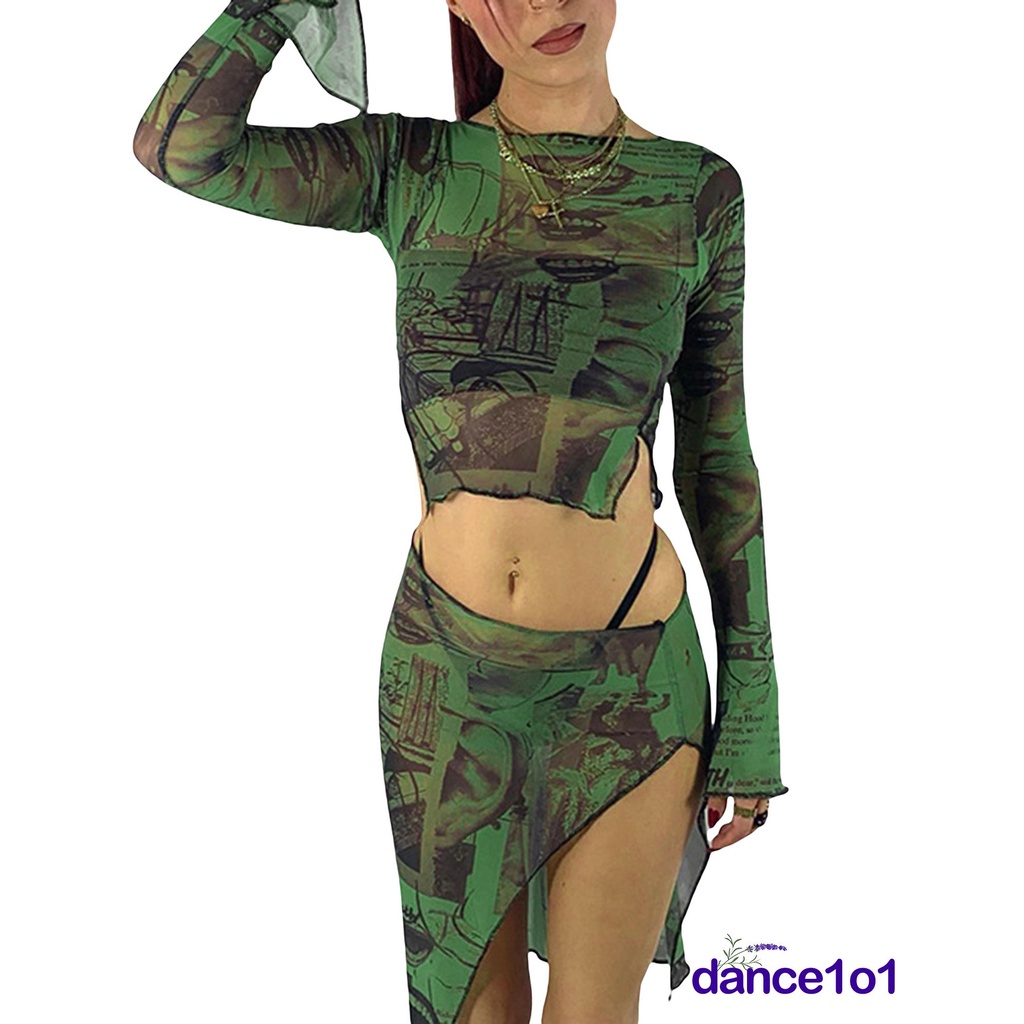 Áo Lưới Tay Dài Hở Rốn In Họa Tiết Thời Trang Cho Nữ Q7