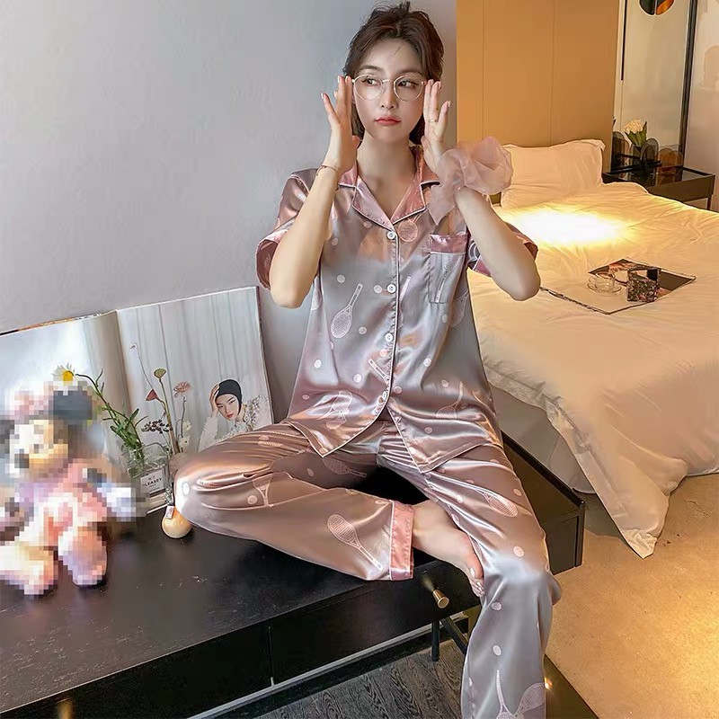 [MS 26] ĐỒ BỘ PIJAMA LỤA TAY NGẮN HOẠ TIẾT VỢT TENNIS