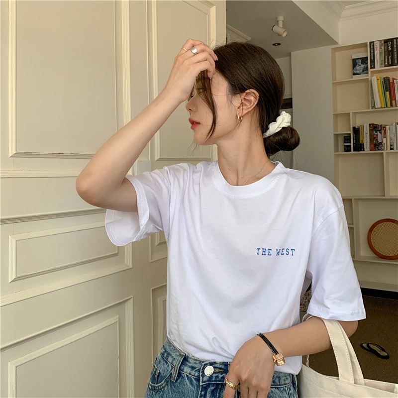 SUXI Áo thun dáng rộng tay ngắn cổ tròn in chữ phong cách retro thời trang hè cho nữ