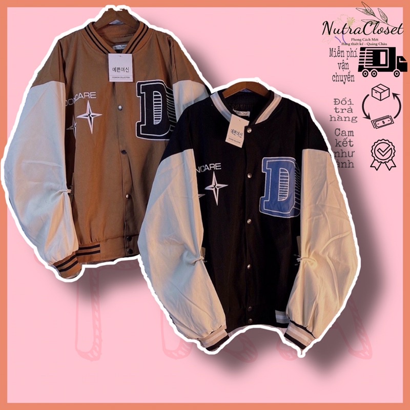 Áo khoác bomber bóng chày kaki da lộn 2 lớp unisex ulzzang nam nữ in D