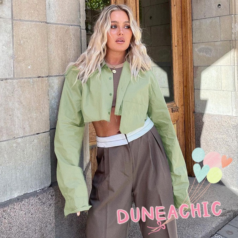 Áo sơ mi DUNEA dáng ngắn cổ polo có túi thời trang dành cho nữ