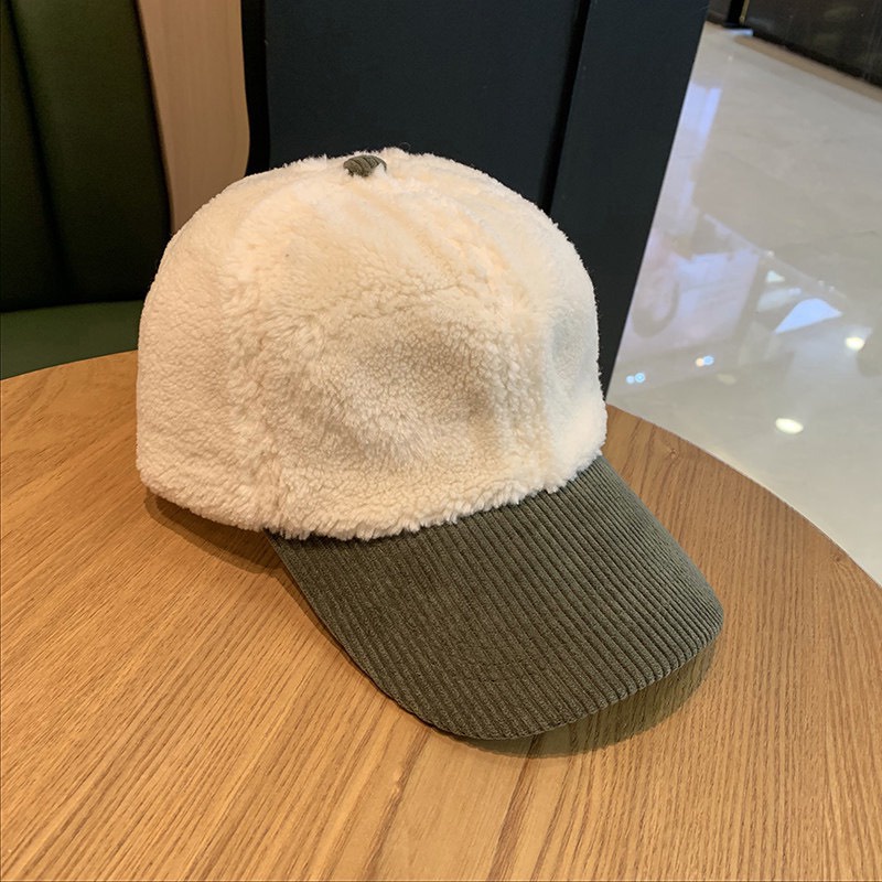 Mũ lưỡi trai gân nhung phối lông cừu phong cách ullzang