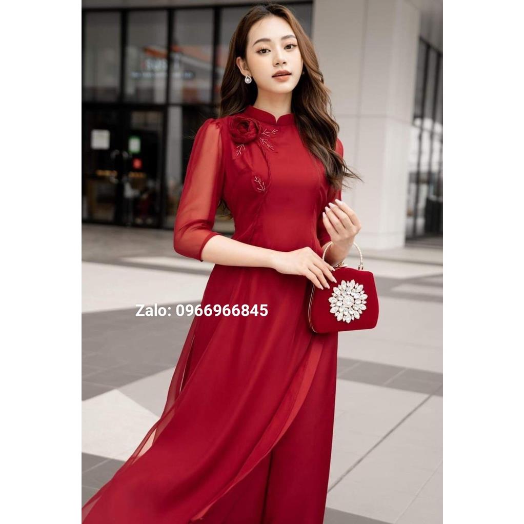 Áo dài von tơ 4 tà màu đỏ đô sang trọng có đinh hoa trên ngực - Áo dài Maay