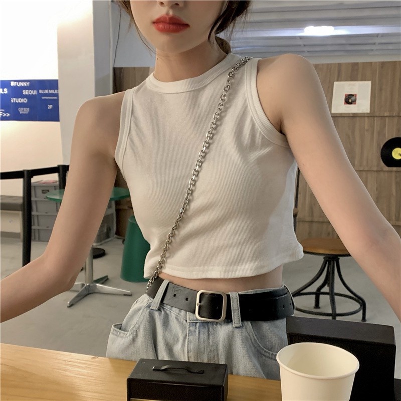 Áo croptop ba lỗ cổ cao Kanimi - áo thun ba lỗ cao cổ nữ phong cách Ulzzang